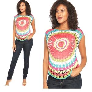 Boho Round Neck Crochet Hollow Top With Cap Sleeves & Scoop Neck Pink Size Small